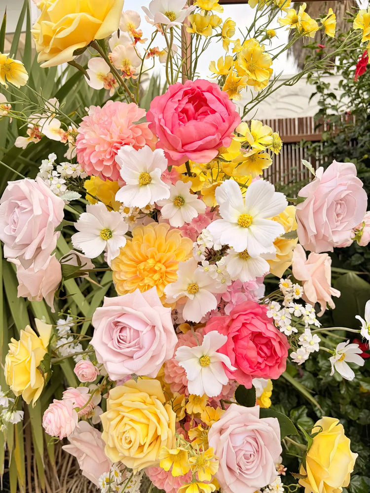 Close up of quality pink, yellow and white artificial flower