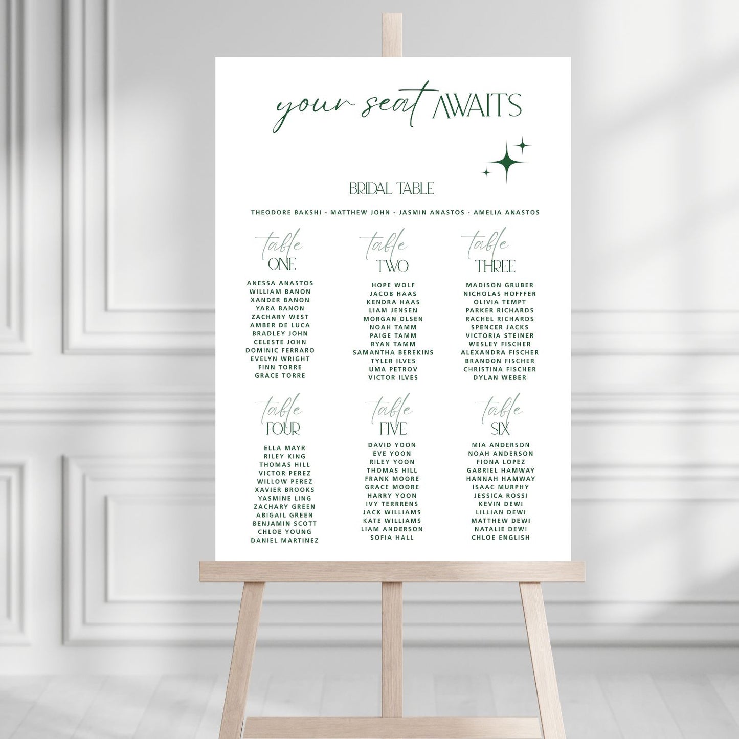 Wedding seating chart on an easel against a gray wall
