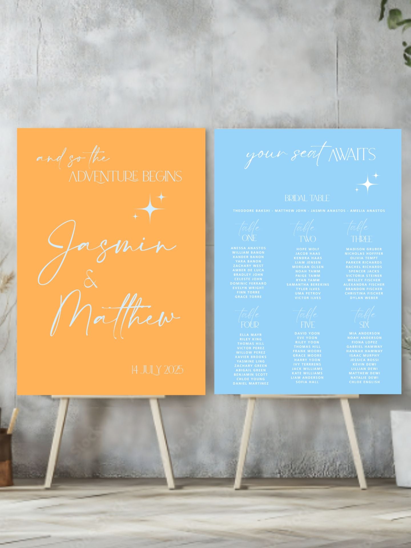 Two wedding-related signs on stands against a gray wall.