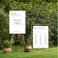 Wedding welcome sign and seating chart in a garden setting
