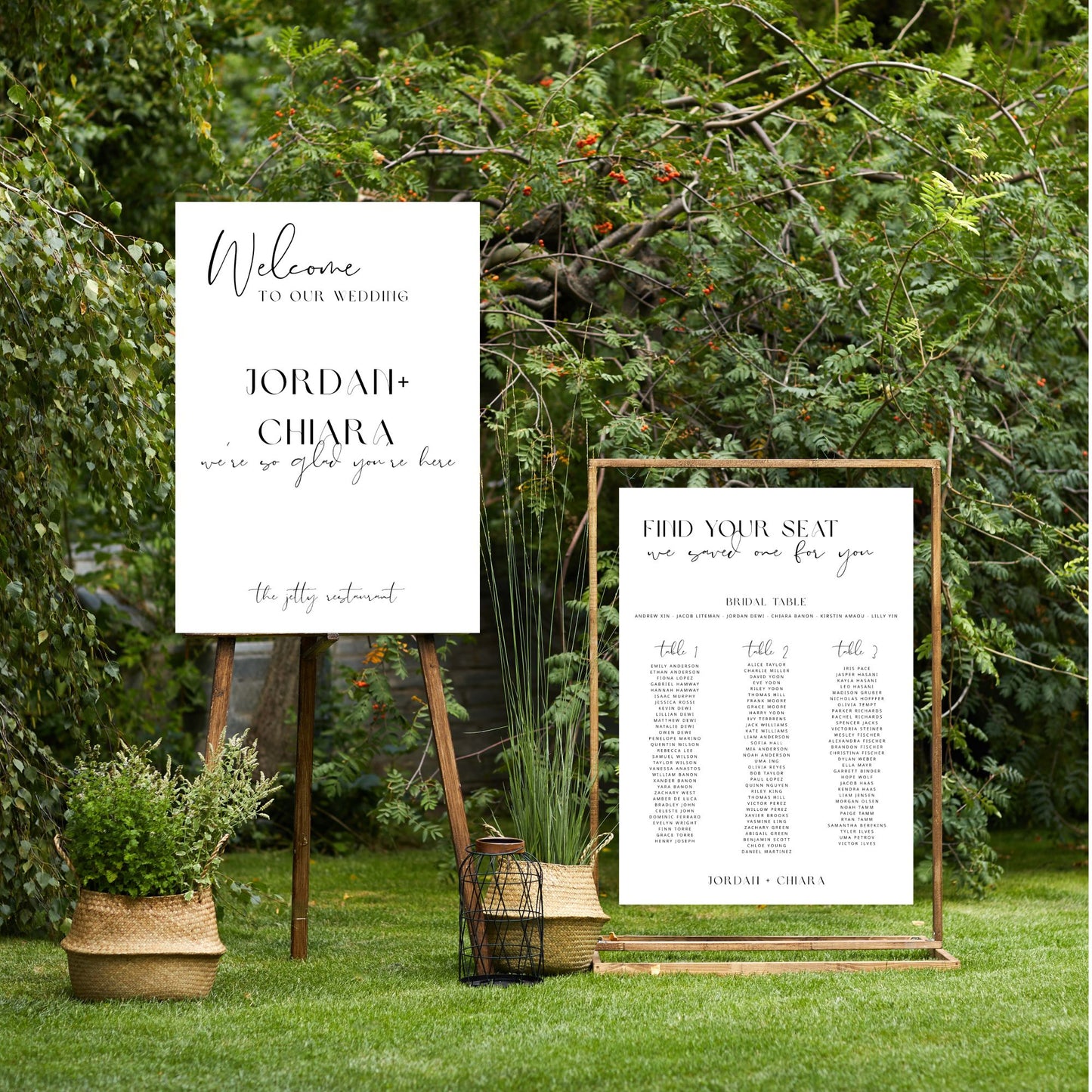 Wedding welcome sign and seating chart in a garden setting