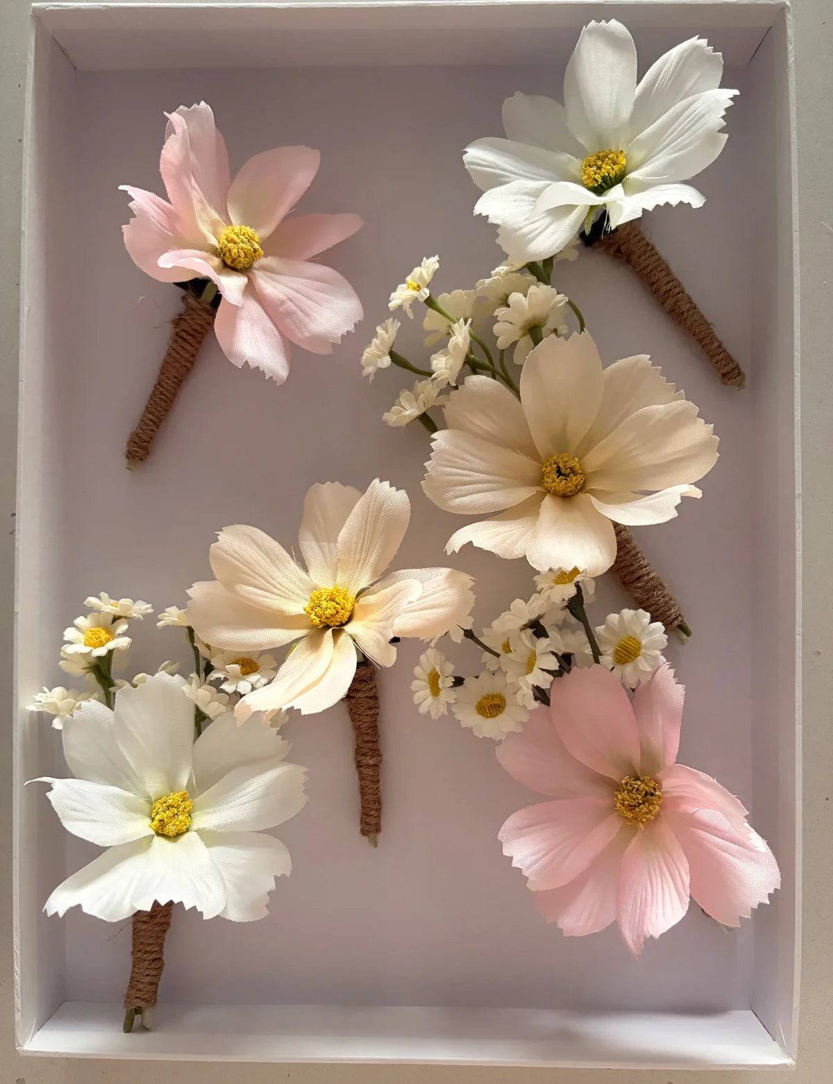 Mixed cosmos buttonholes in light shades on a white surface