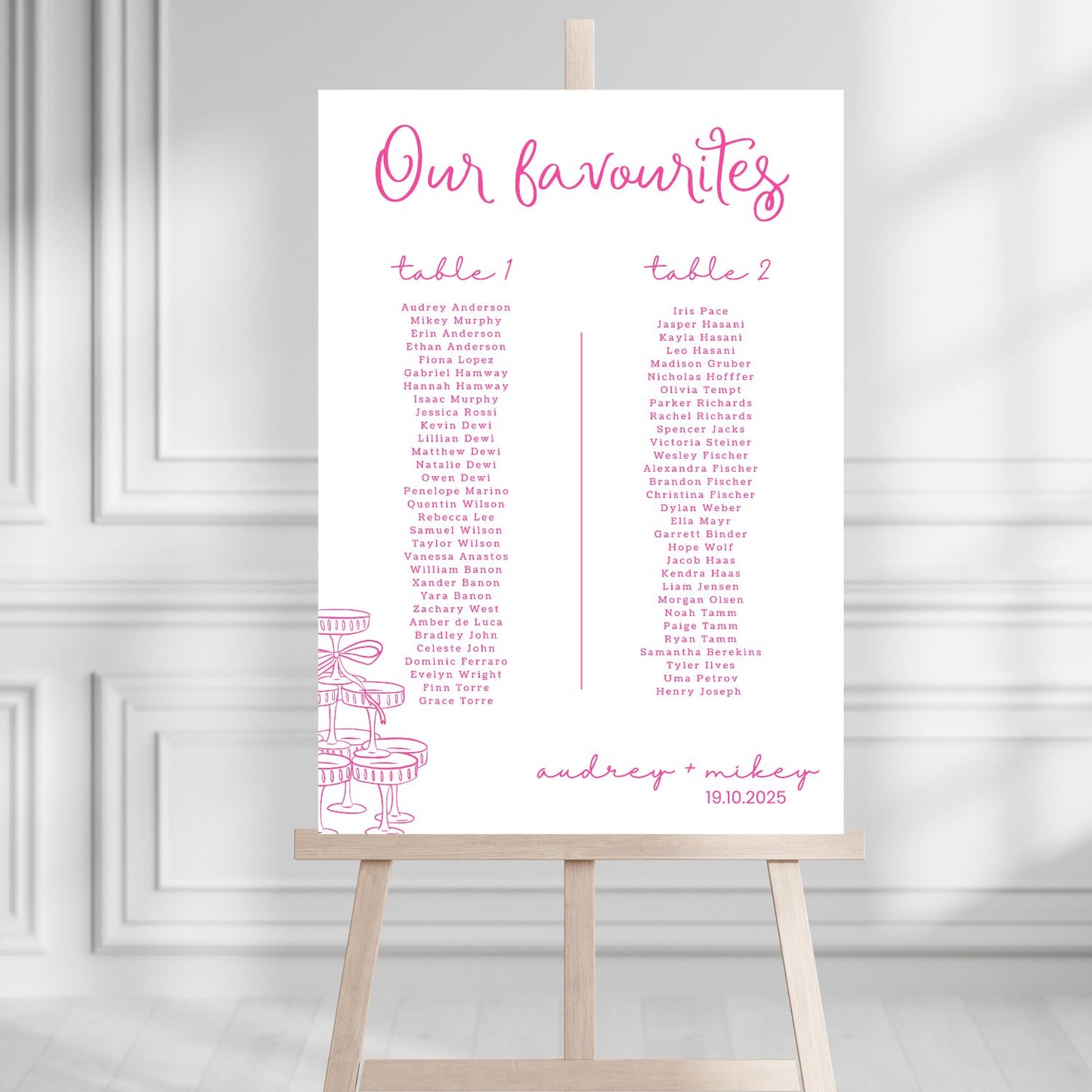 Seating chart for a wedding on an easel against a gray wall.