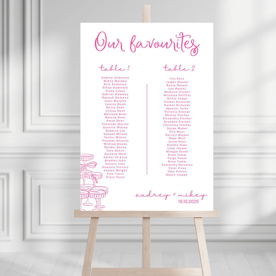 Seating chart for a wedding on an easel against a gray wall.