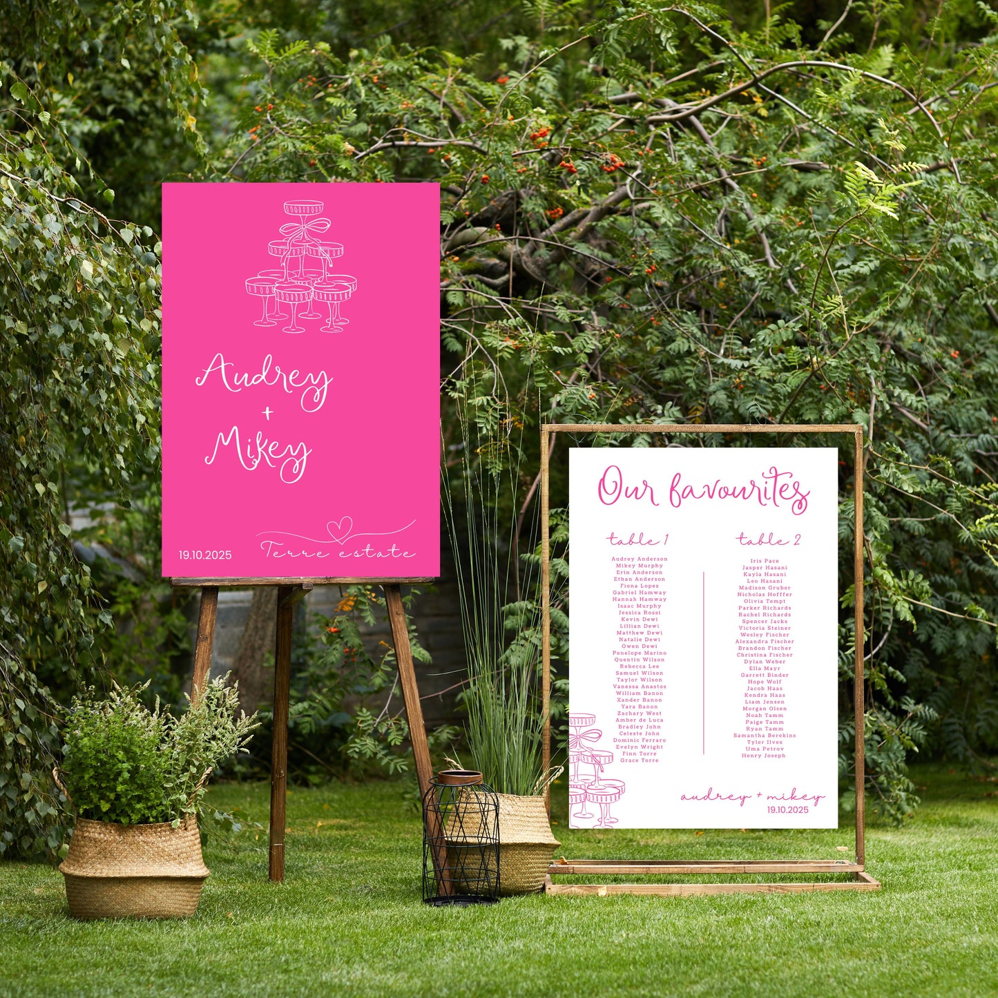 Two wedding signs on stands with greenery in the background
