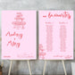 Two pink wedding seating charts on stands against a gray wall.