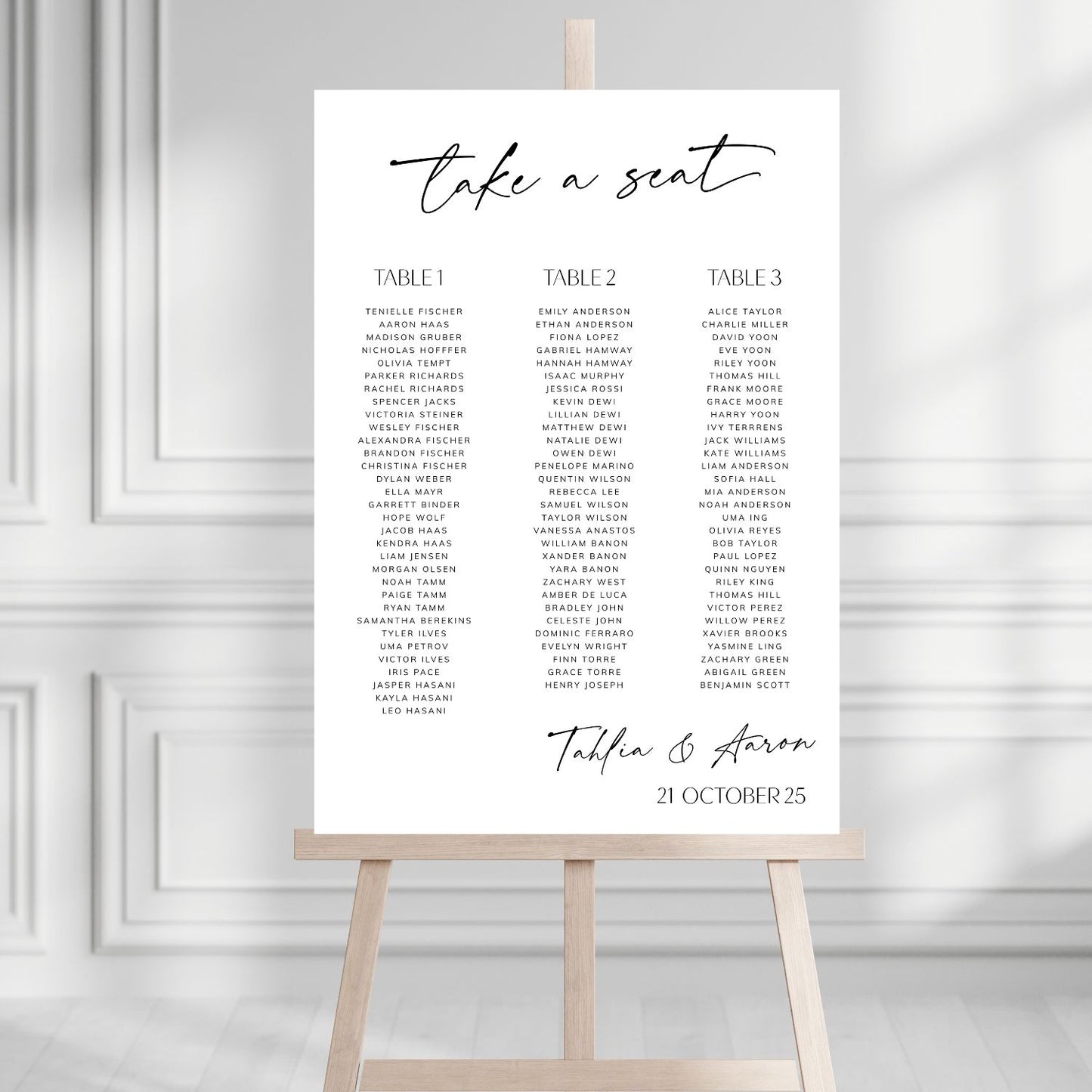 Seating chart on an easel against a white wall