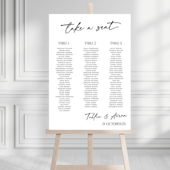 Seating chart on an easel against a white wall