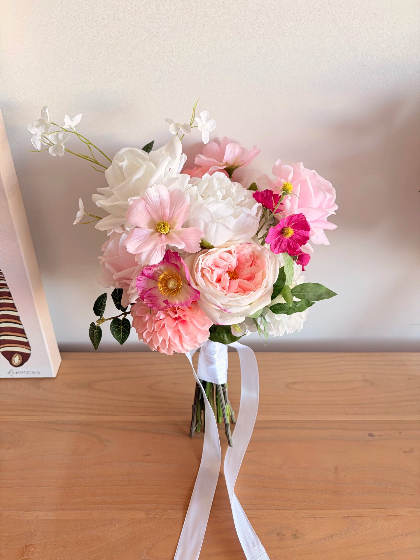 Artificial wedding bouquet for a bridesmaid in pink and white