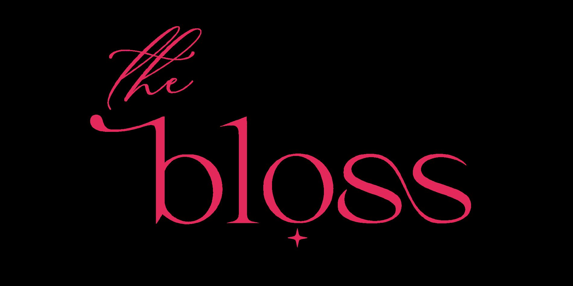 Pink 'the bloss' text on a black background