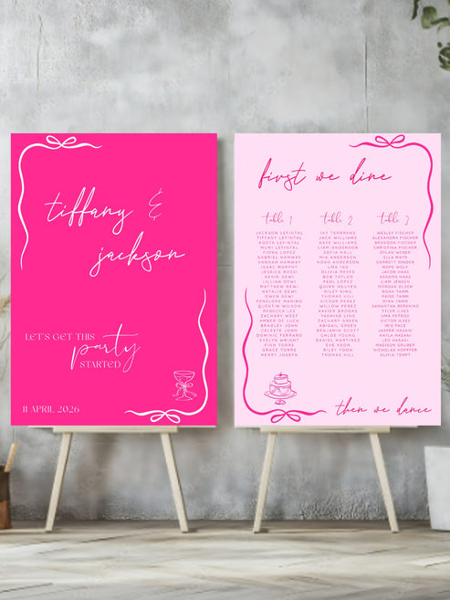 Two wedding-related signs on stands against a gray wall.