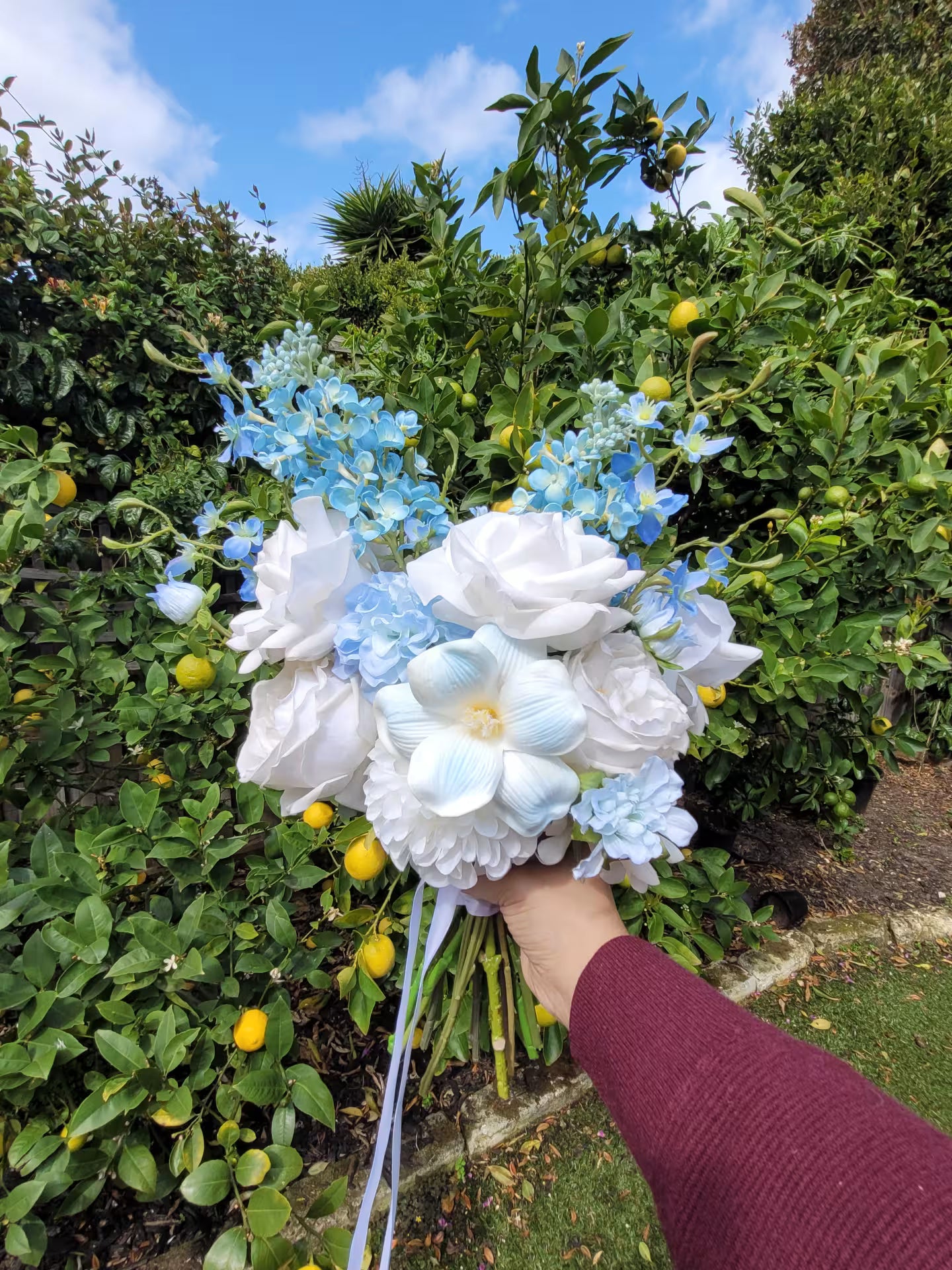Bouquet of white and blue flowers held in front of a garden with greenery and fruit.